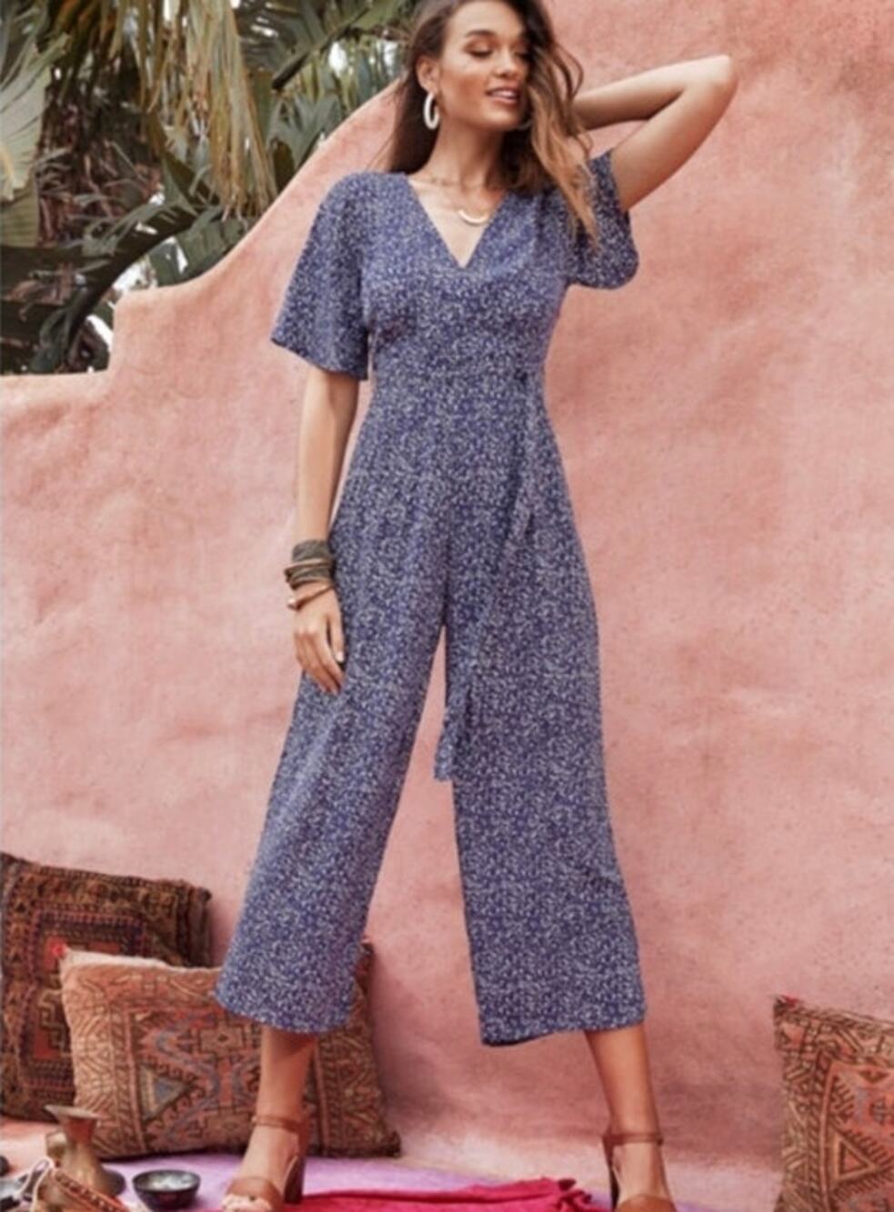 Mister Zimi Nina V-Neck Blue Print Cropped Wide Leg Jumpsuit Size 8 Preowned